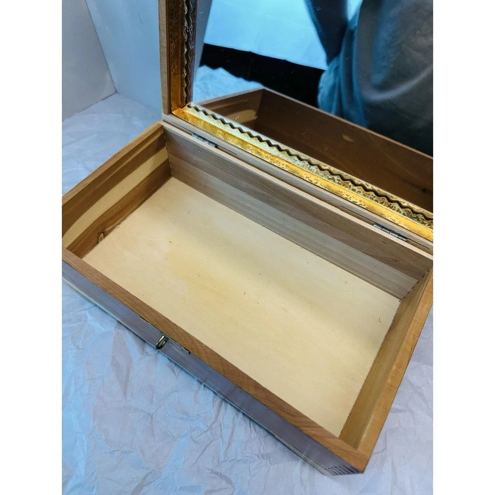 Vintage Cedar Jewelry box with carved and fall decopage lid, mirror inside